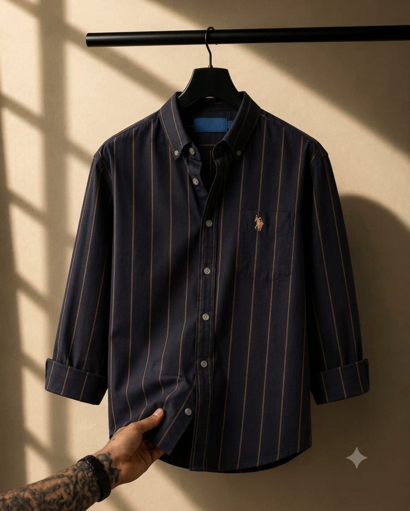 U.S.Polo Assn. men's navy blue and mustavertical striped botton-down shirtrd