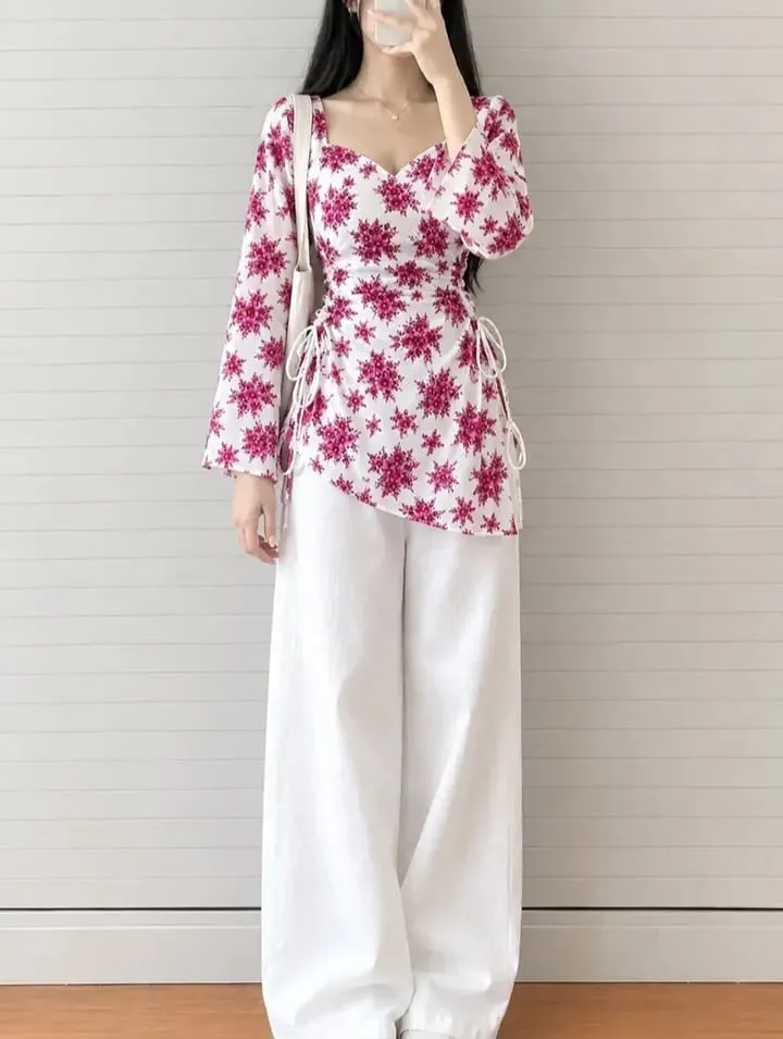 Pink Floral Printed Kurta with White Palazzo Set