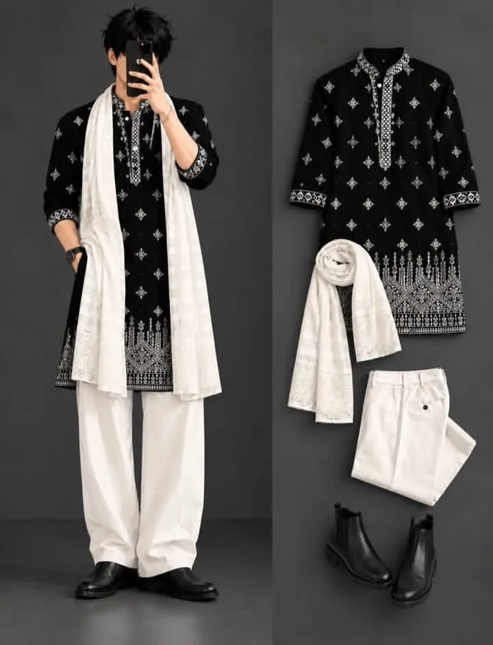 Men's black Embroidered kurta Pajama with Dhupatta